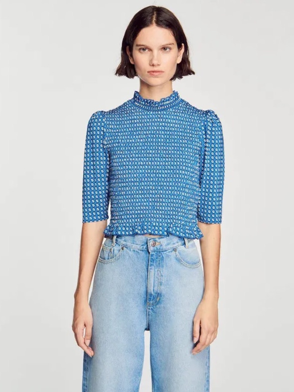 Sandro Blue Geometric Smocked Ruffle Short Puff Sleeve Boho Top Size 2 Medium